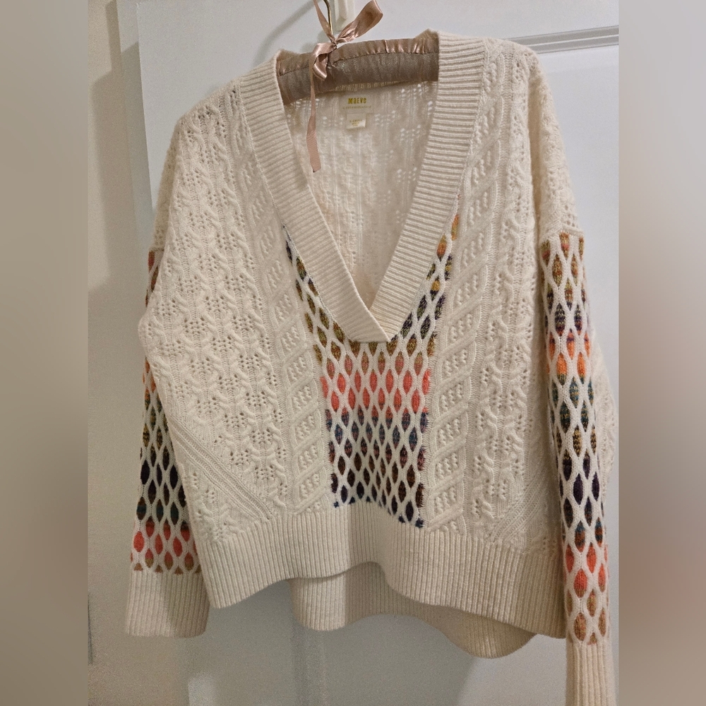 Maeve Anthropologie Lambswool Oversized Knit Sweater Cream w Rainbow Detail, XS